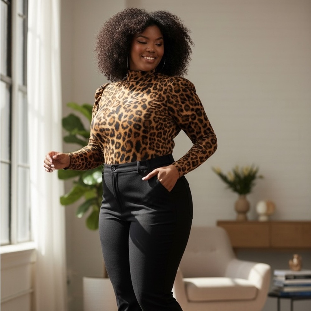 Nylon Apparel XL Leopard Print Puff Sleeve Bodysuit‎ | Stretch Long Sleeve